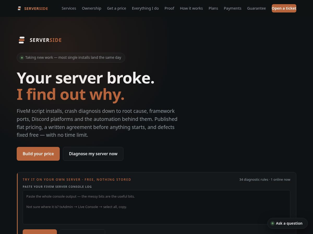 Landing-page snapshot of serversidedev.com