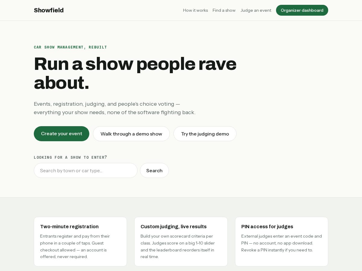 Landing-page snapshot of showfield.app