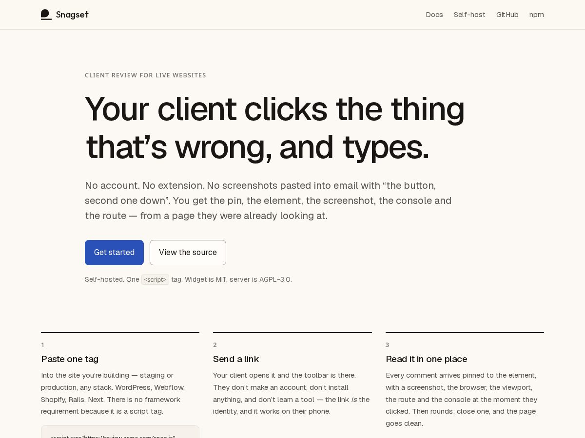 Landing-page snapshot of snagset.com