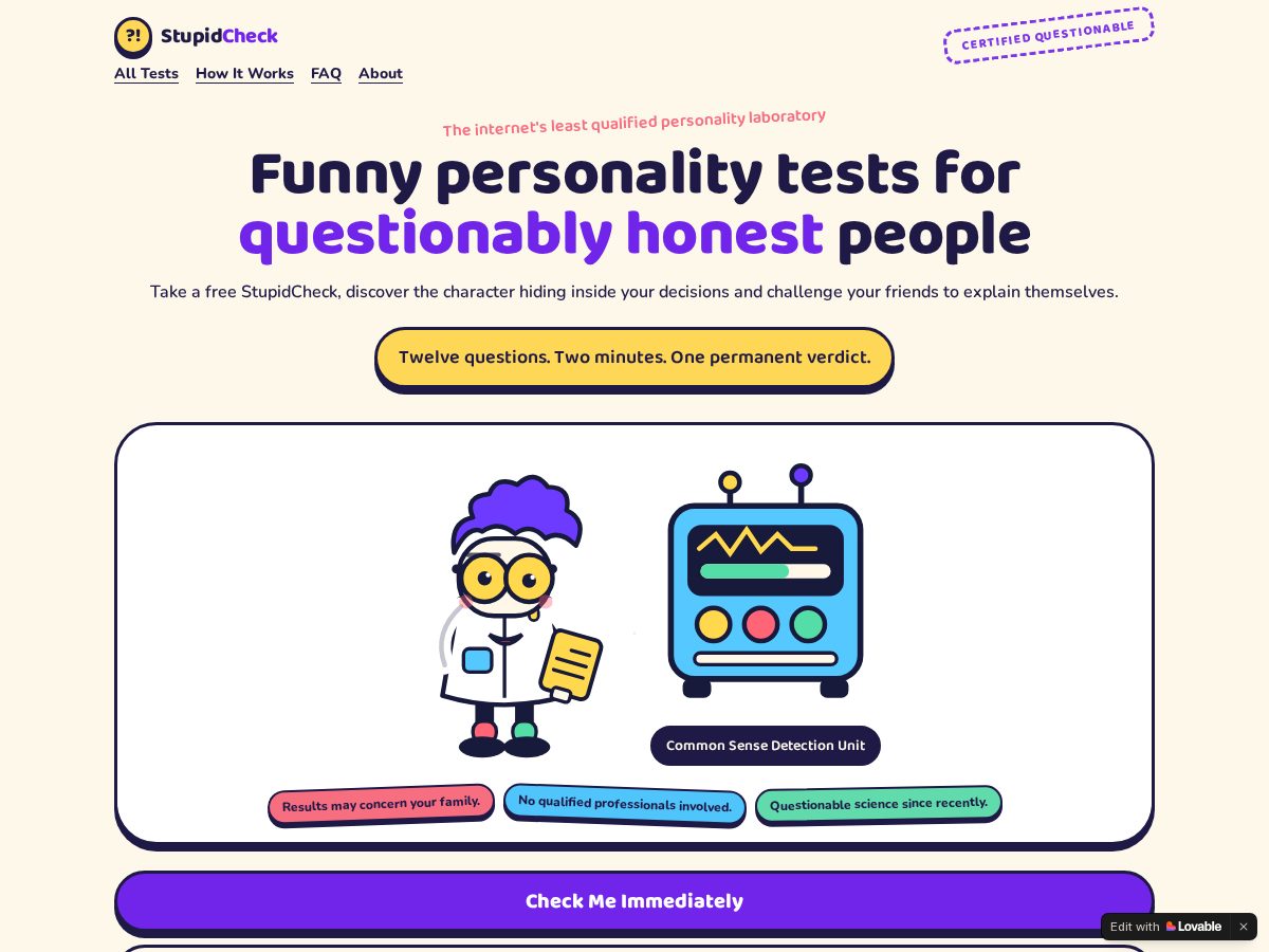 Landing-page snapshot of stupidcheck.com