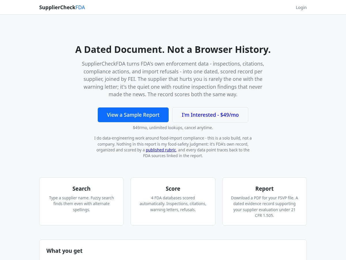 Landing-page snapshot of suppliercheckfda.com