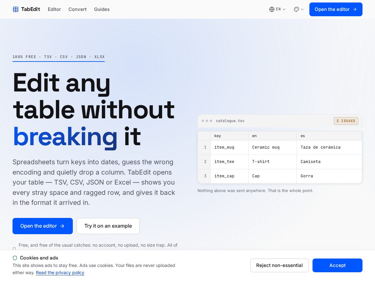 Landing-page snapshot of tabedit.online