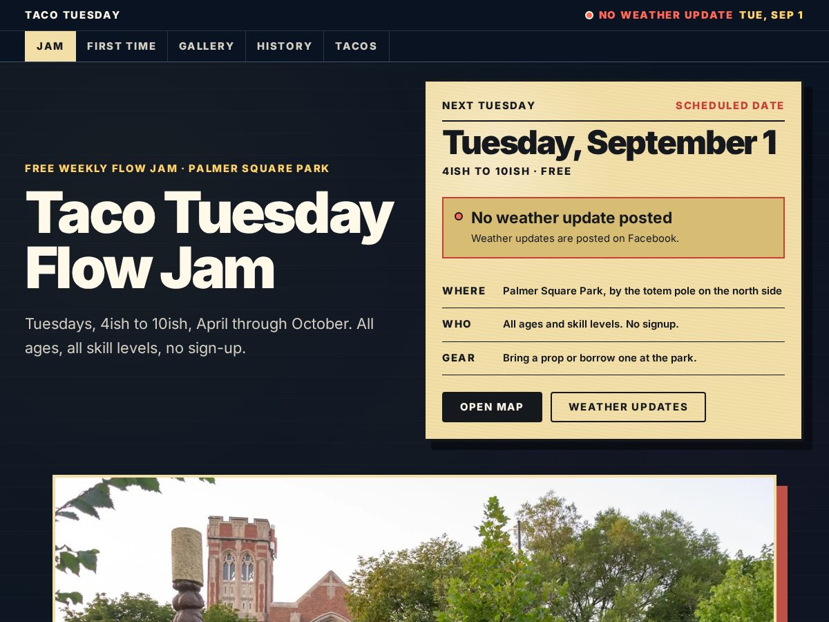 Landing-page snapshot of tacotuesdayflowjam.com