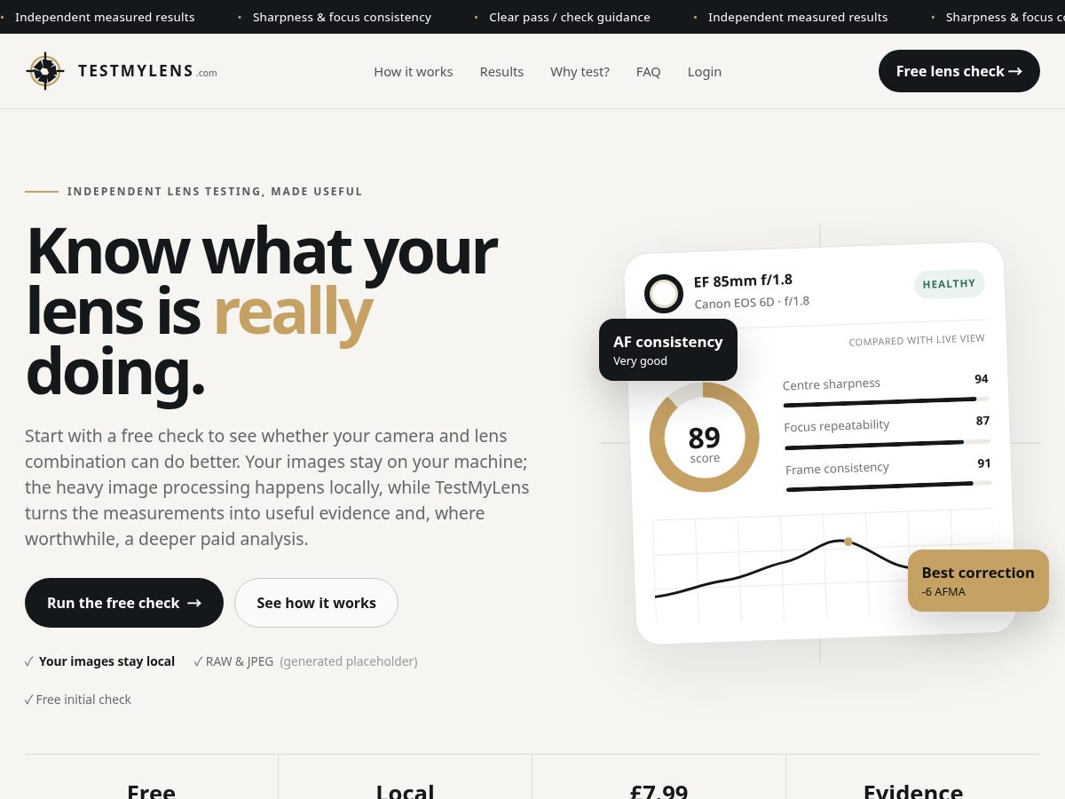 Landing-page snapshot of testmylens.com