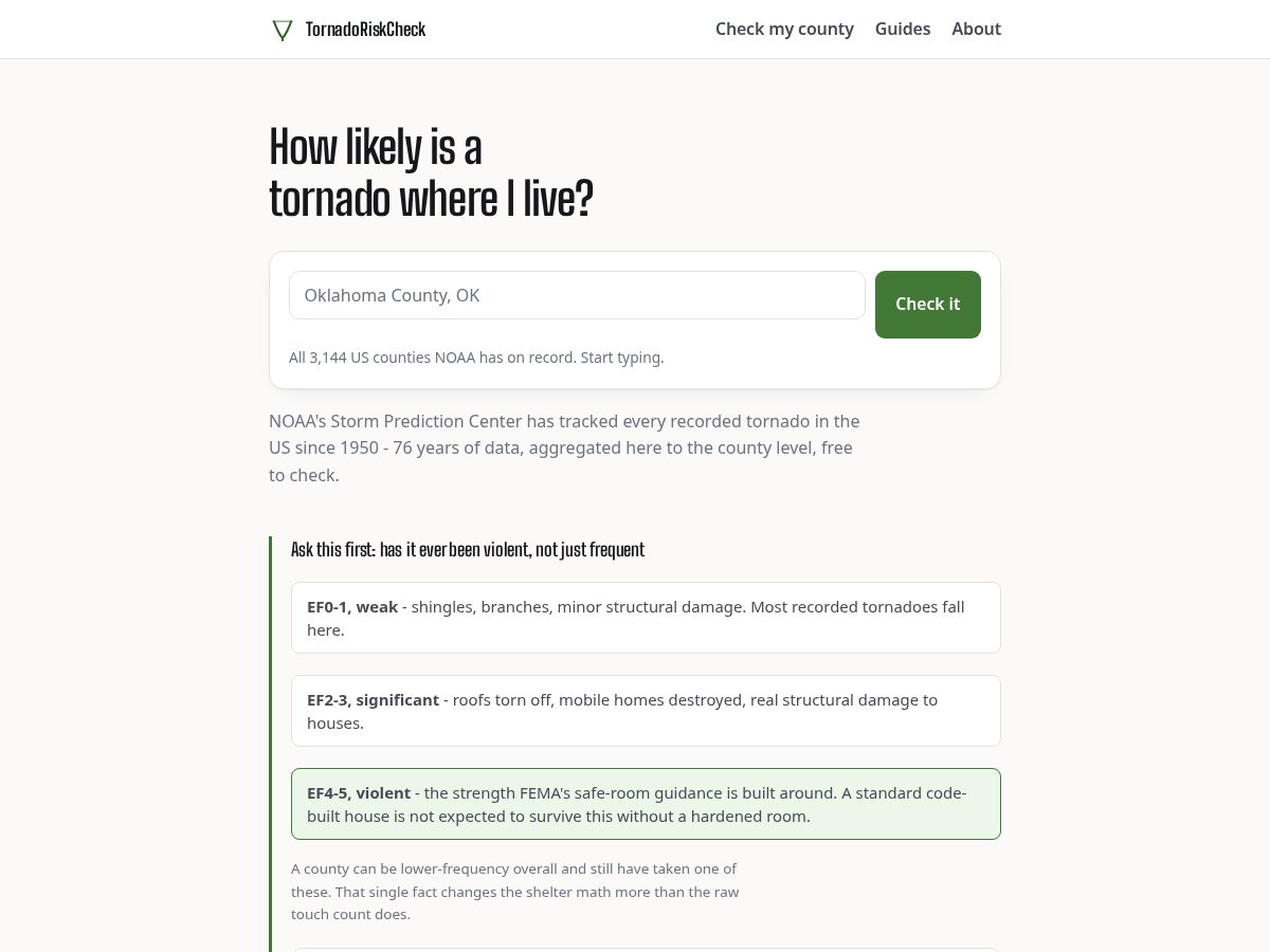 Landing-page snapshot of tornadoriskcheck.com