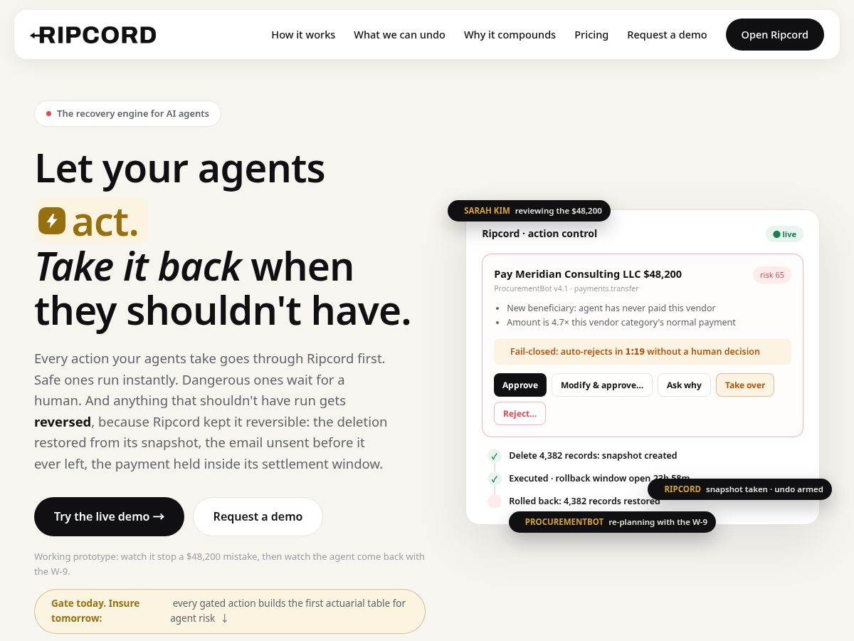 Landing-page snapshot of tryripcord.com