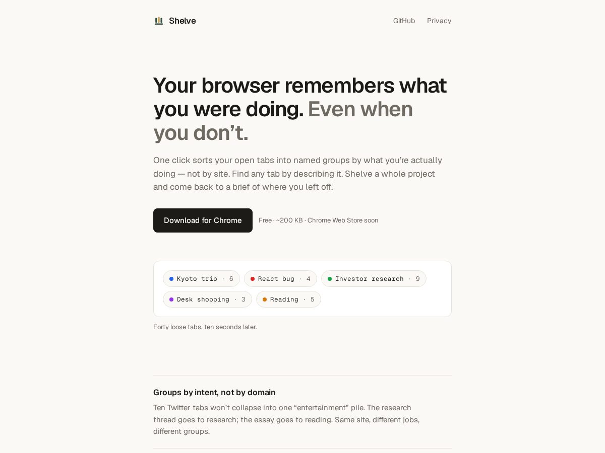 Landing-page snapshot of tryshelve.com