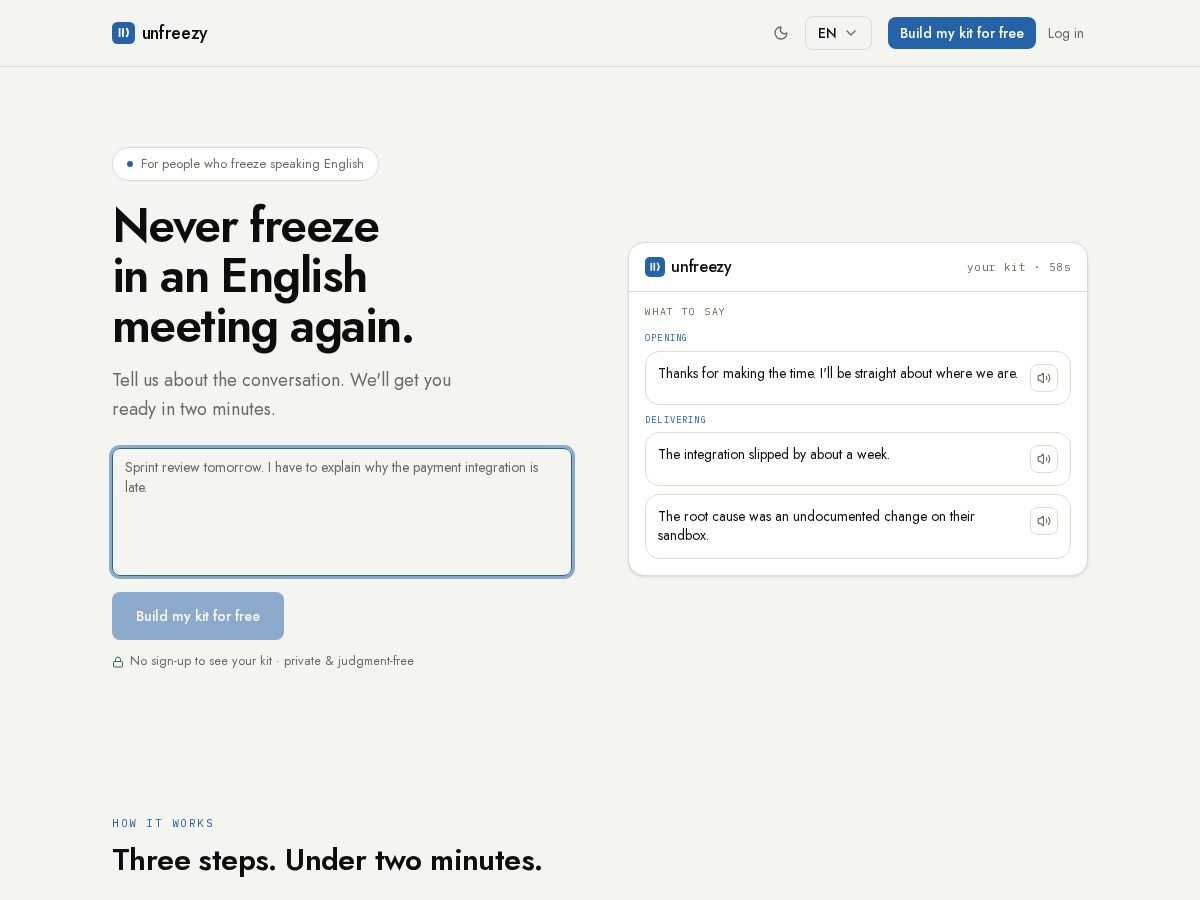 Landing-page snapshot of unfreezy.com