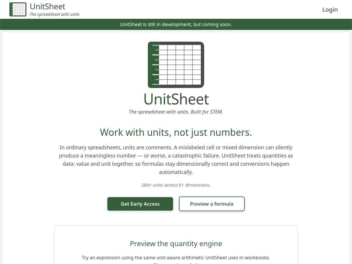 Landing-page snapshot of unitsheet.app