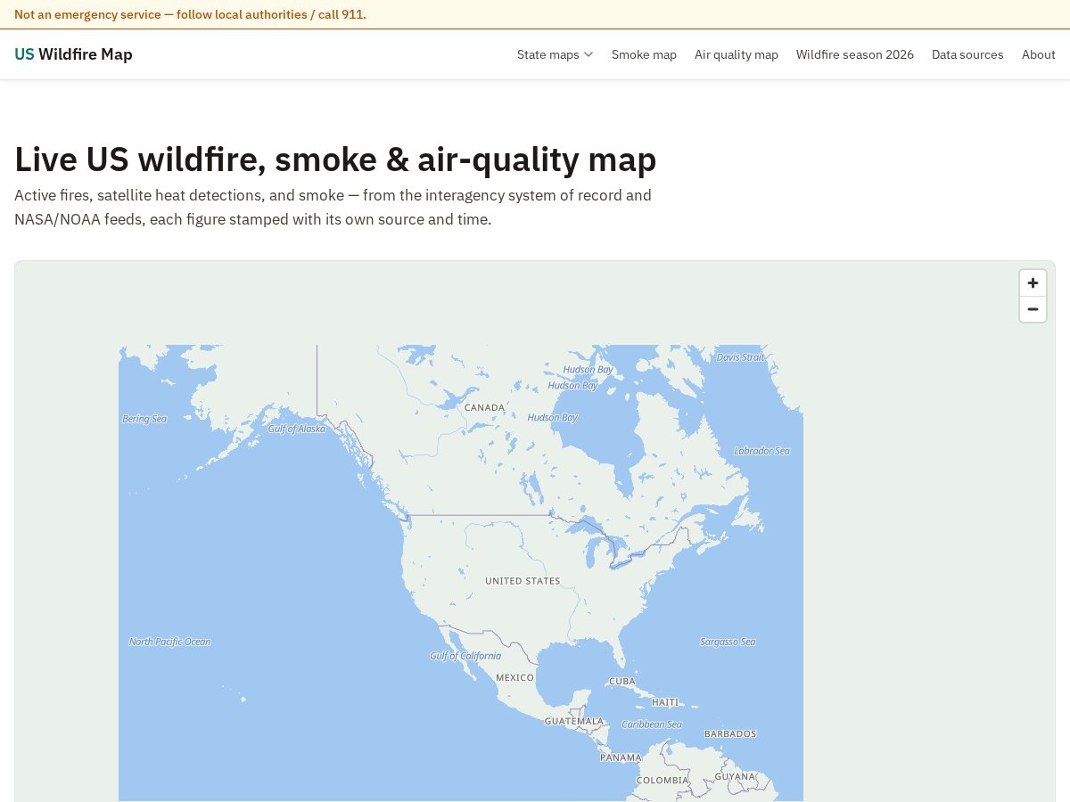 Landing-page snapshot of uswildfiremap.com