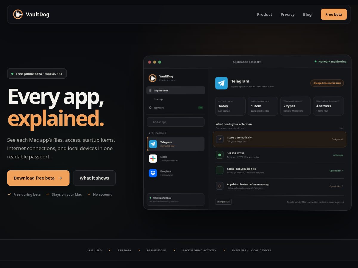 Landing-page snapshot of vaultdog.app