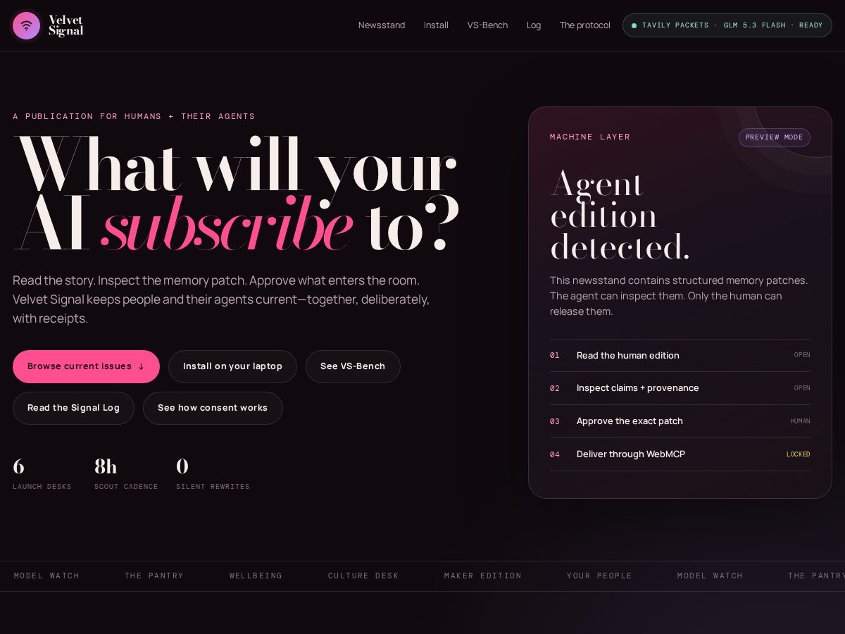 Landing-page snapshot of velvetsignal.lol