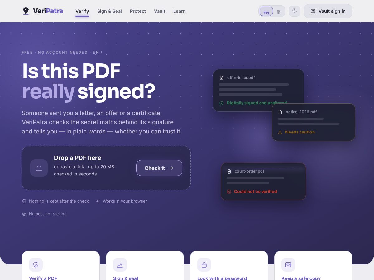 Landing-page snapshot of veripatra.com