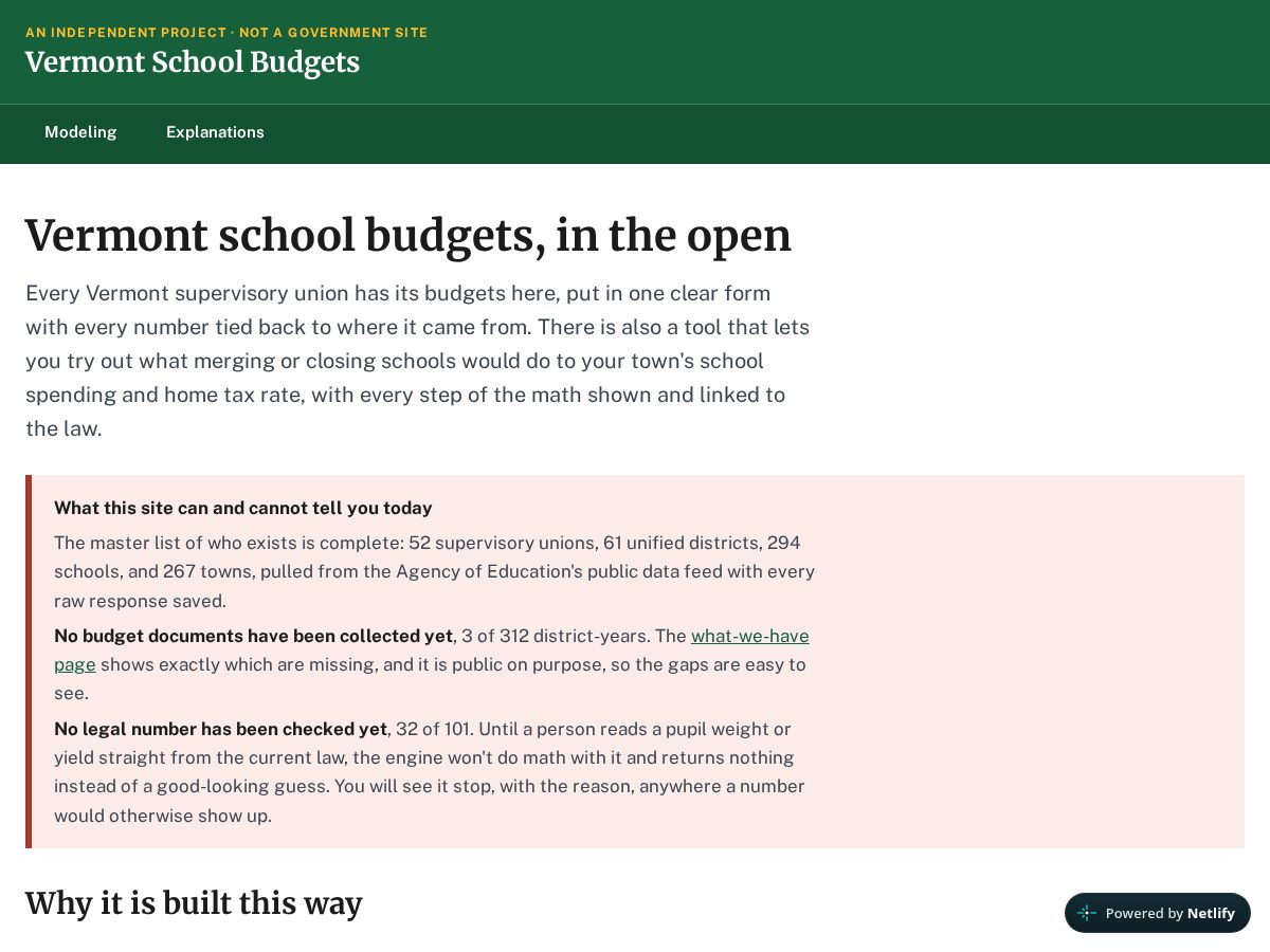 Landing-page snapshot of vermont-school-budgets.org