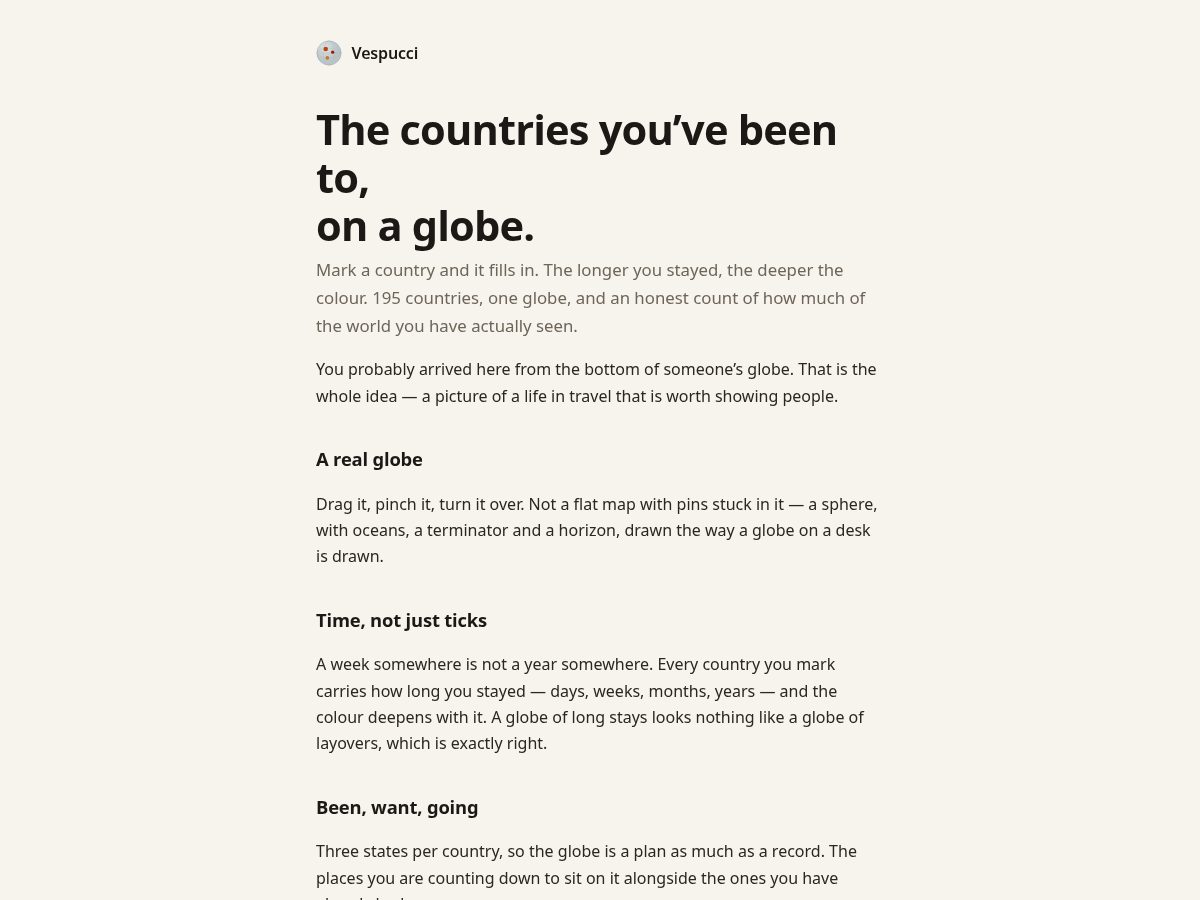 Landing-page snapshot of vespucci.travel