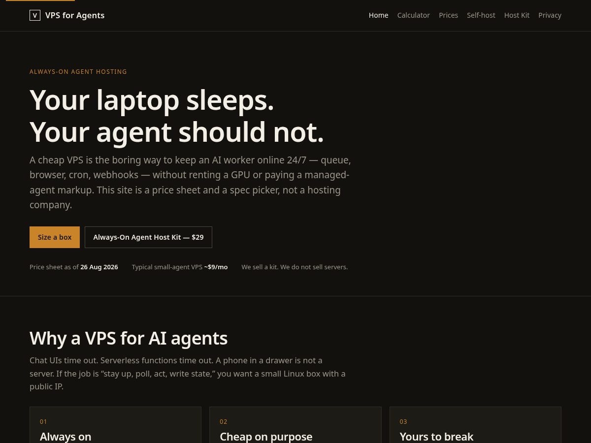 Landing-page snapshot of vpsforagents.com