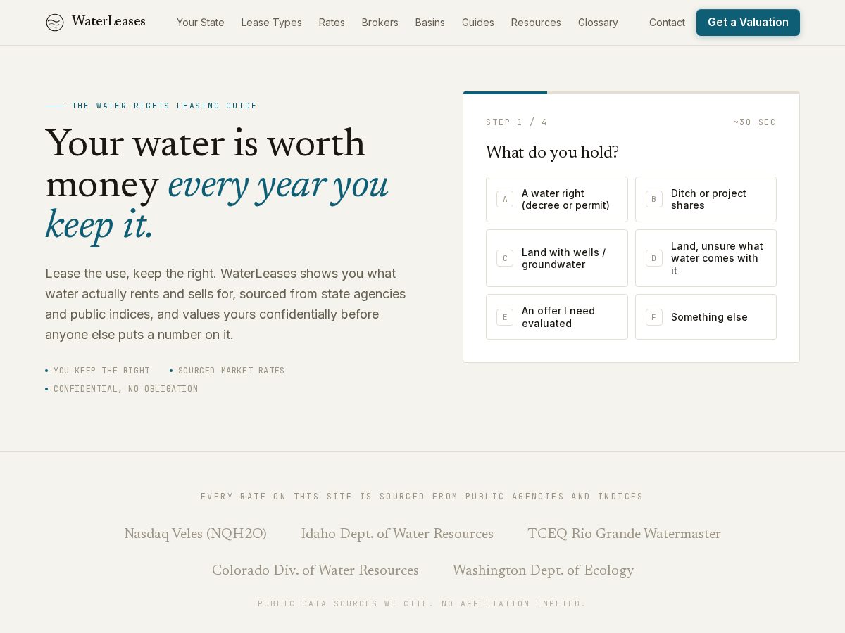 Landing-page snapshot of waterleases.com
