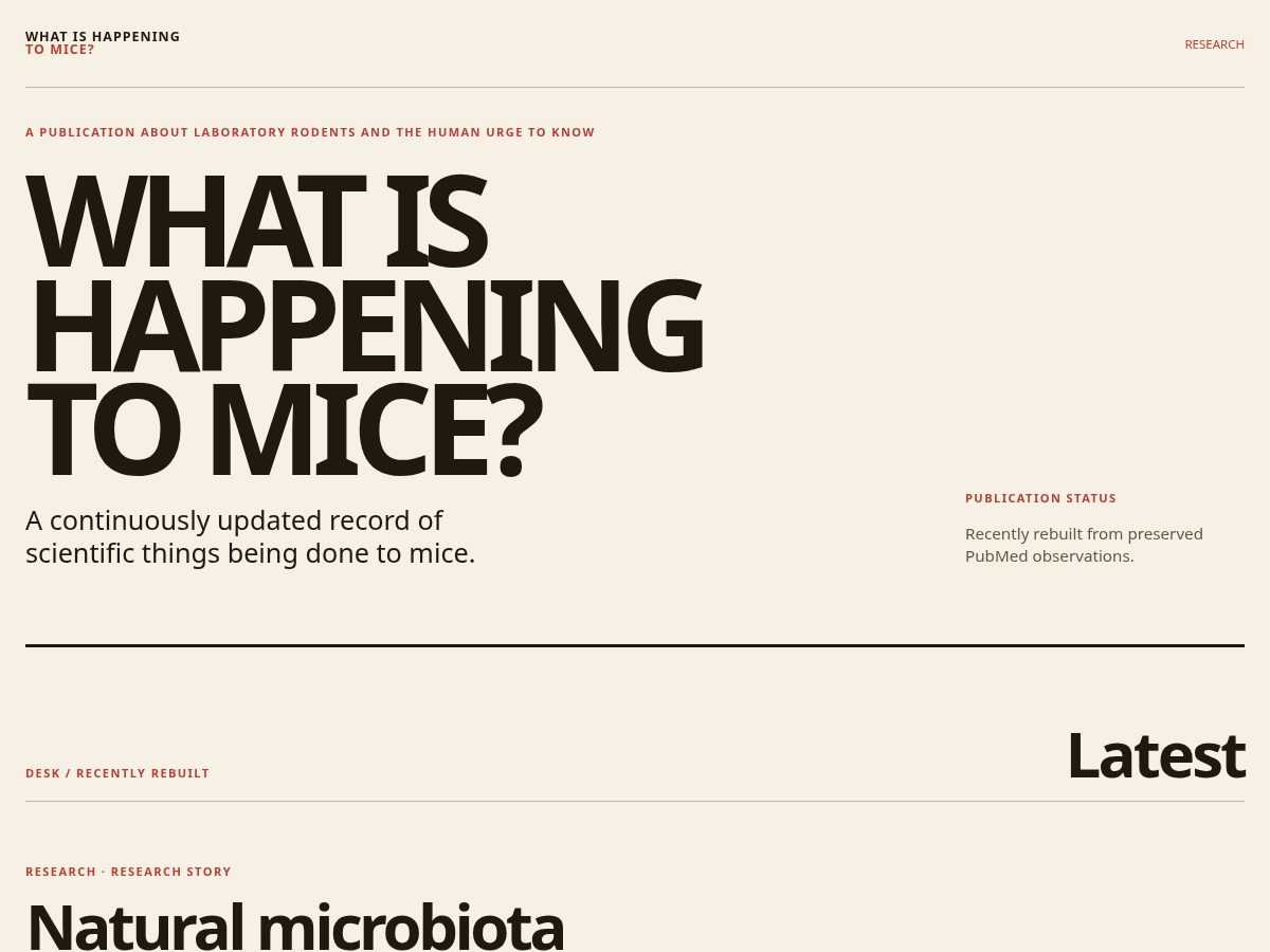 Landing-page snapshot of whatishappeningtomice.com