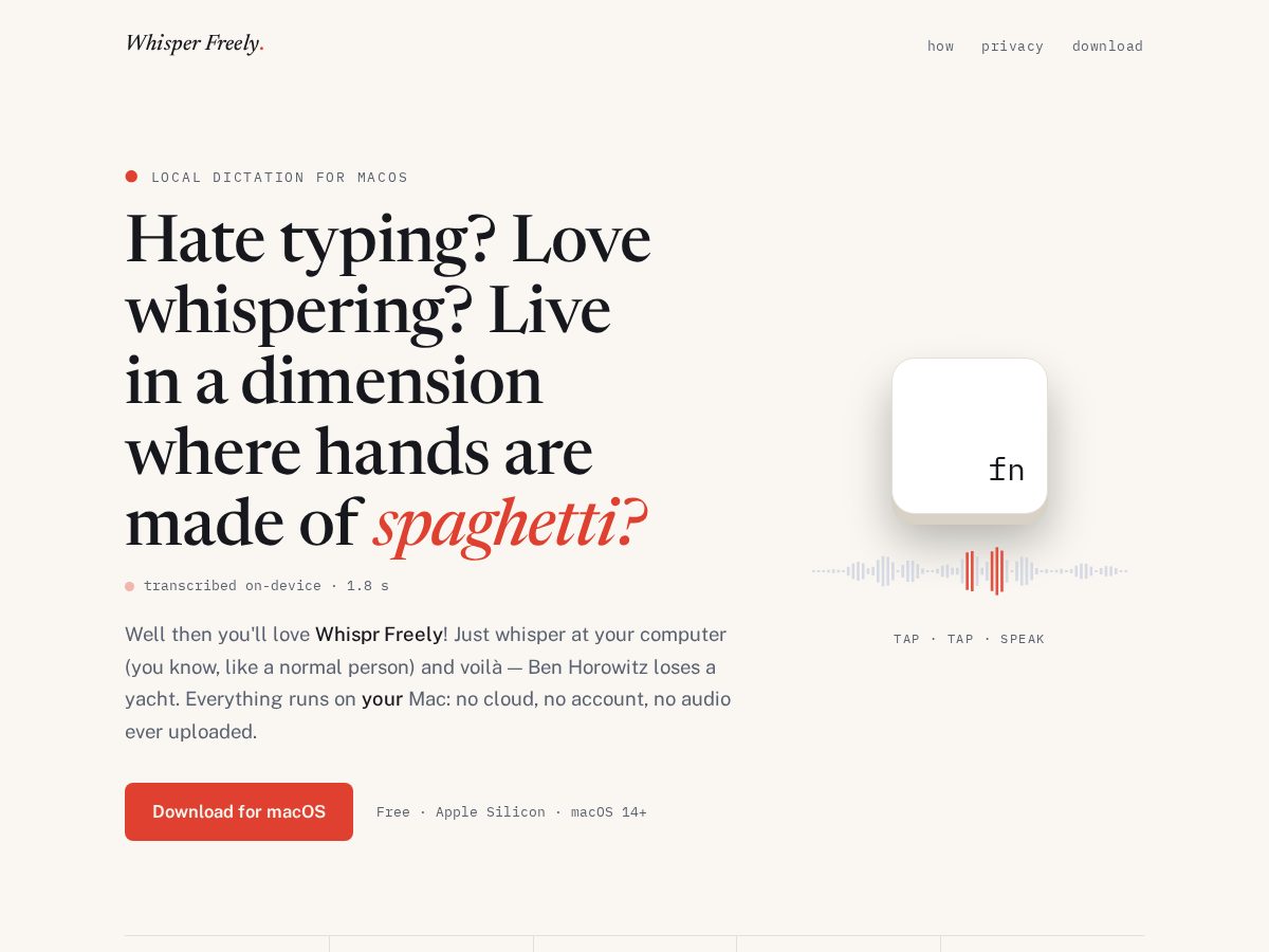Landing-page snapshot of whisprfreely.com