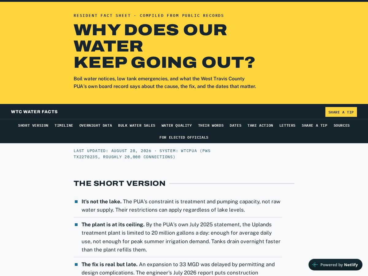 Landing-page snapshot of wtcwaterfacts.com