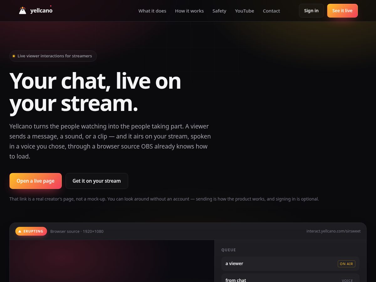 Landing-page snapshot of yellcano.com