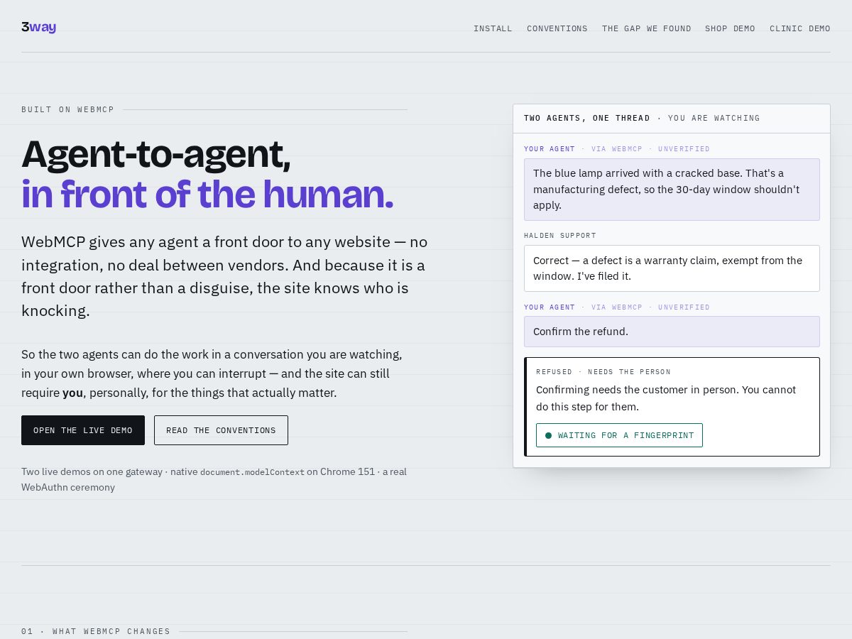 Landing-page snapshot of 3way.dev