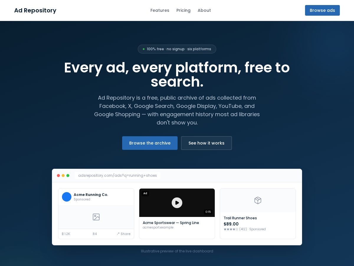 Landing-page snapshot of adsrepository.com