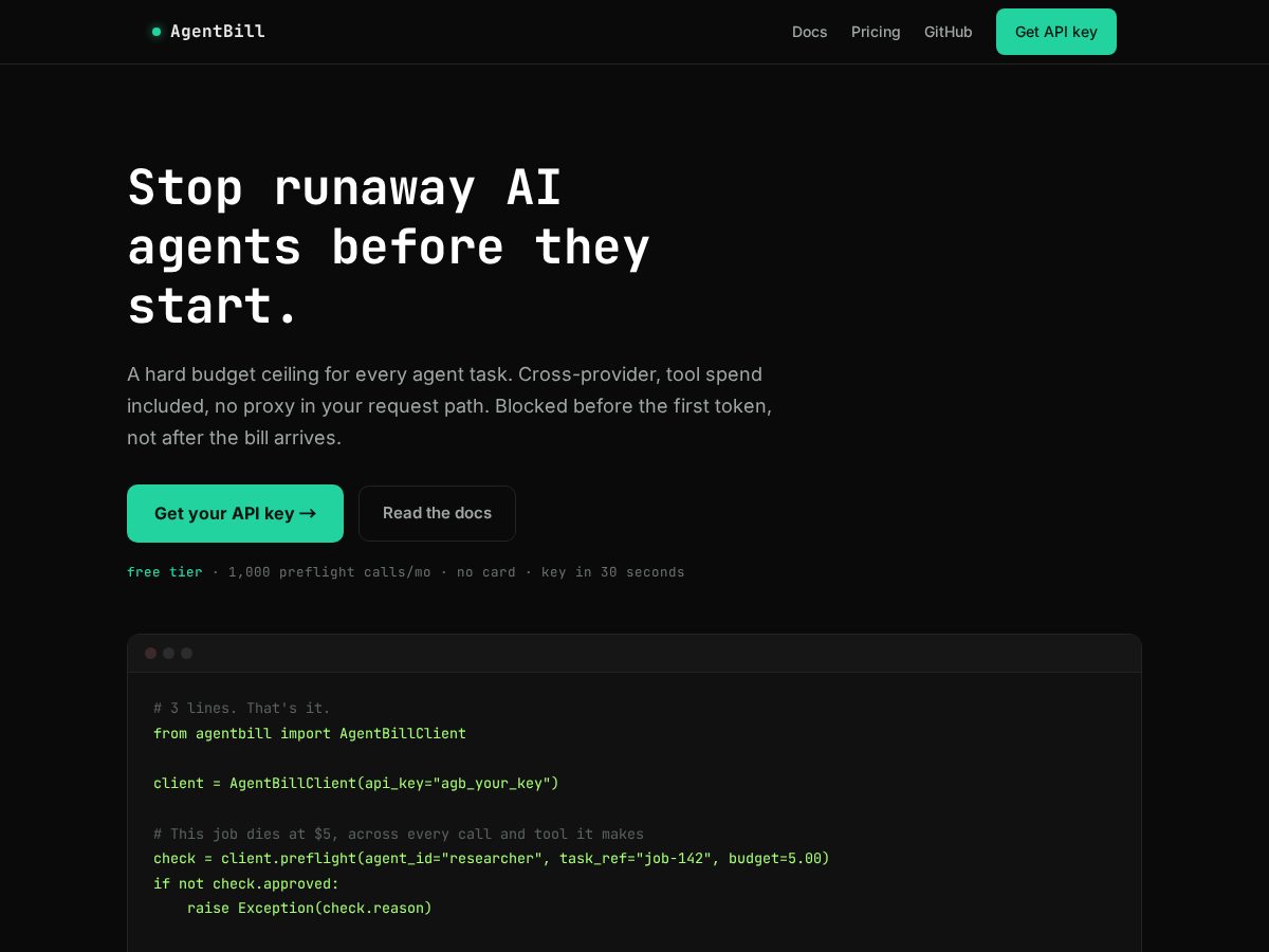 Landing-page snapshot of agentbill.dev