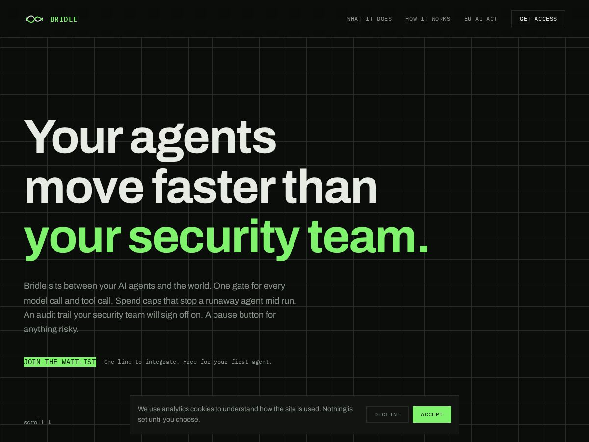 Landing-page snapshot of agentbridle.com