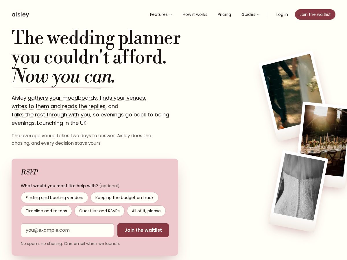 Landing-page snapshot of aisley.wedding