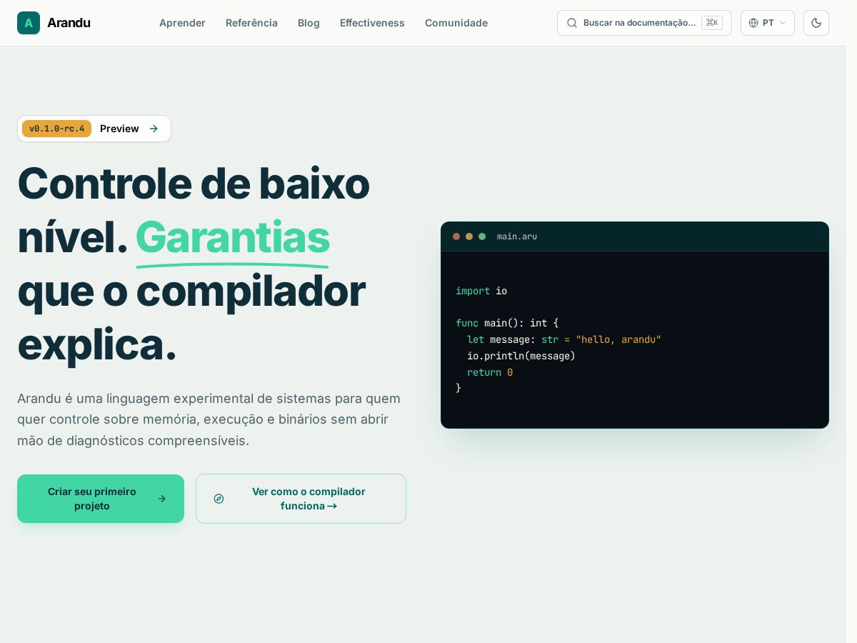 Landing-page snapshot of arandu-lang.dev