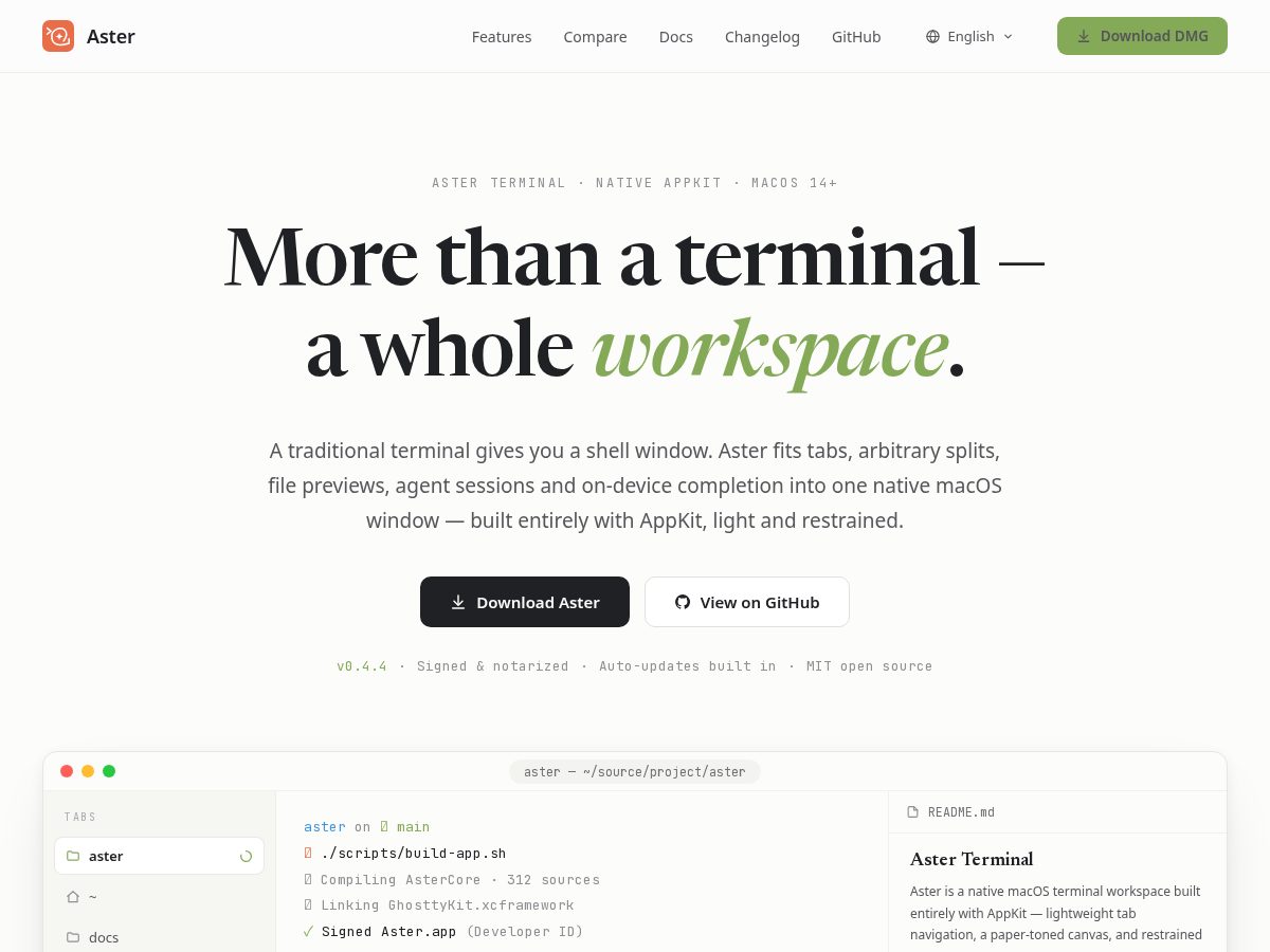 Landing-page snapshot of aster.foo