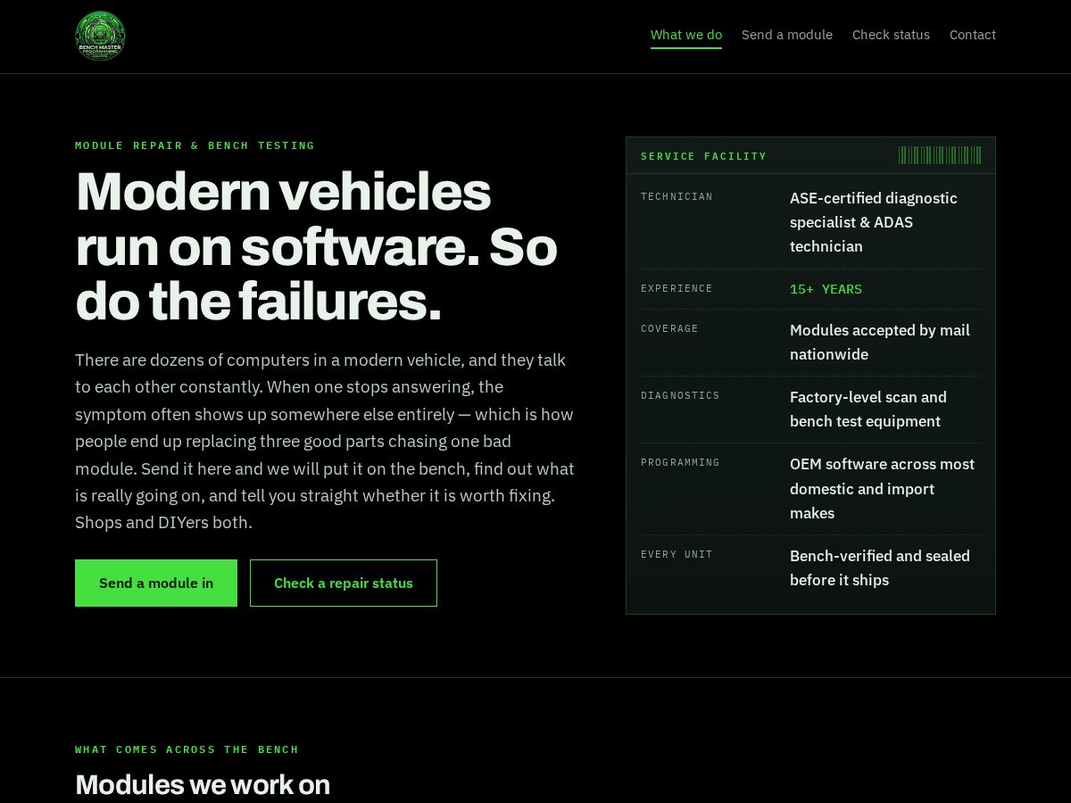 Landing-page snapshot of benchmasterdiag.com