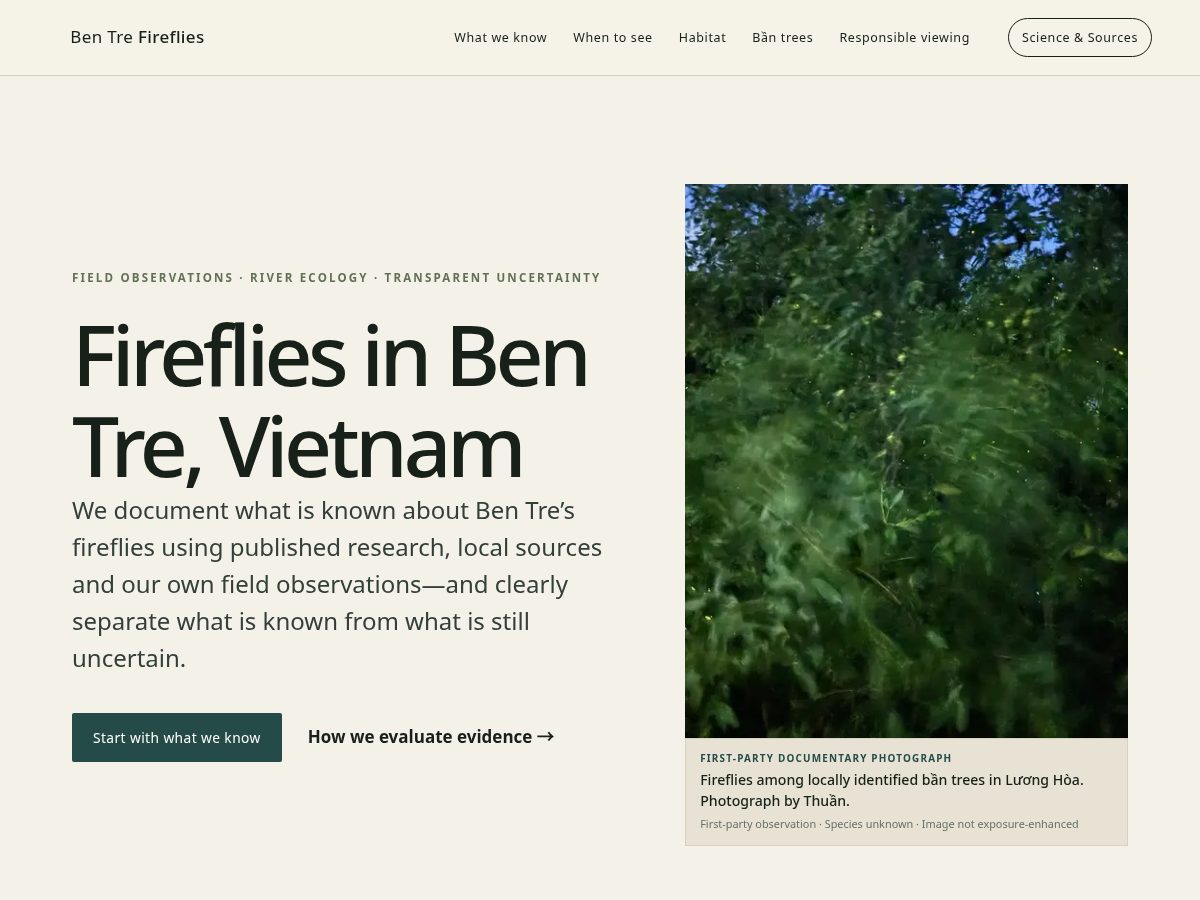 Landing-page snapshot of bentrefireflies.com