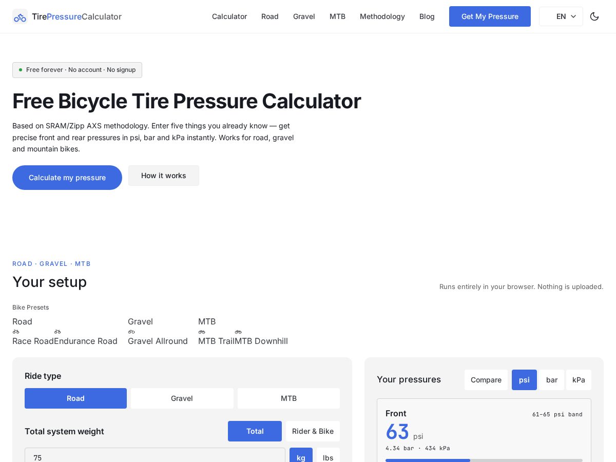 Landing-page snapshot of bicycletirepressurecalculator.com
