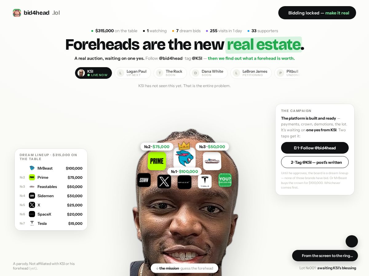 Landing-page snapshot of bidforehead.lol