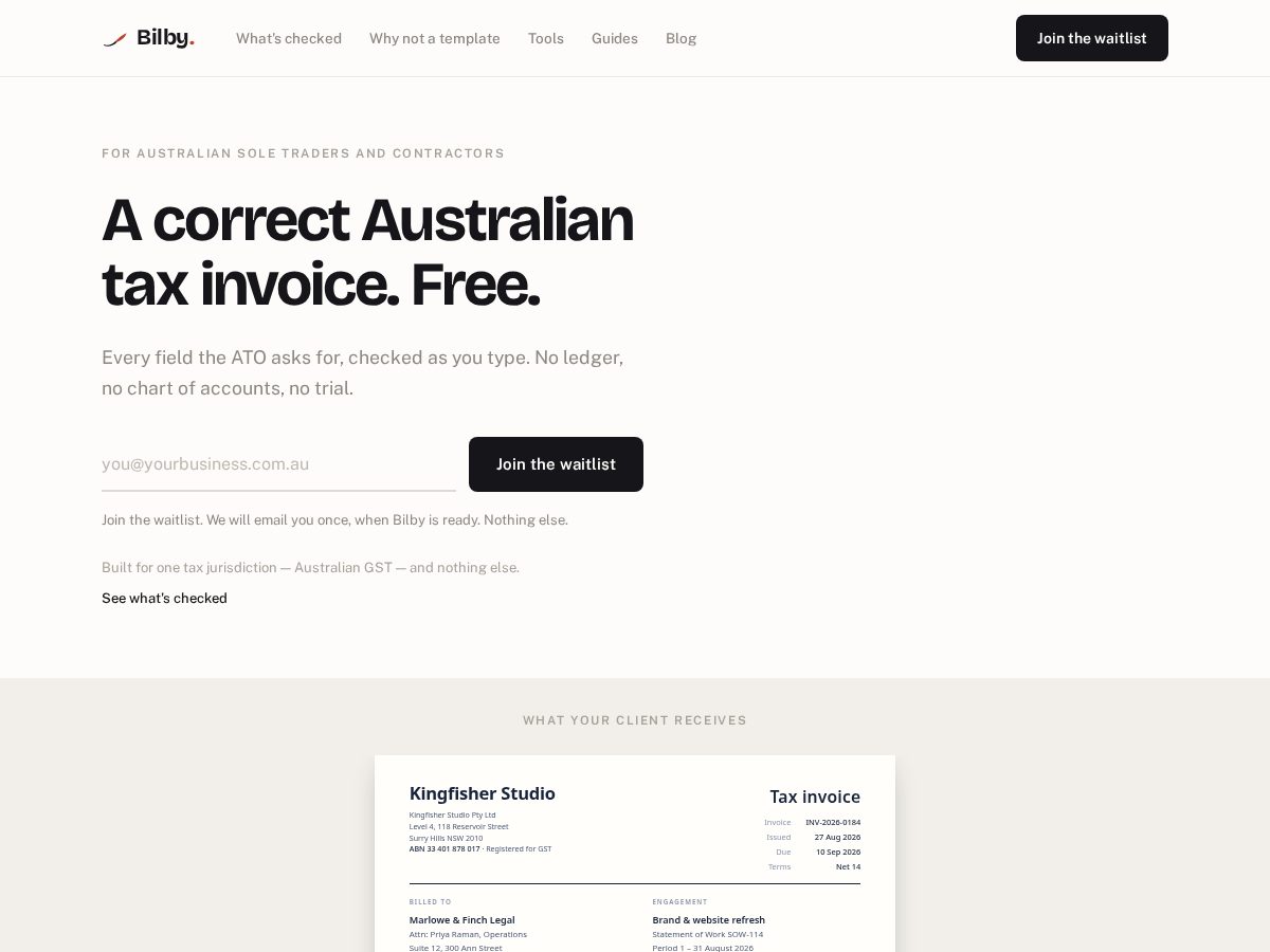 Landing-page snapshot of bilbyapp.net