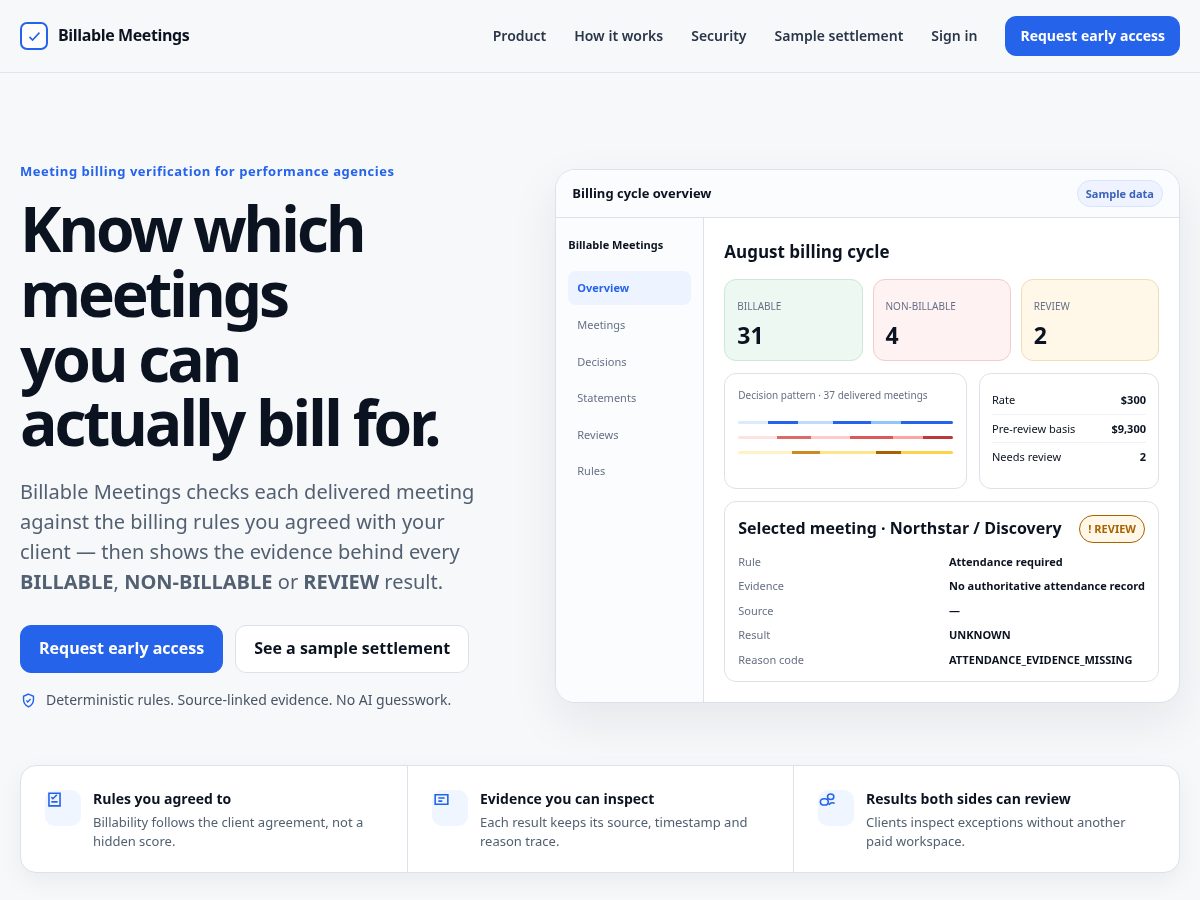 Landing-page snapshot of billablemeetings.com