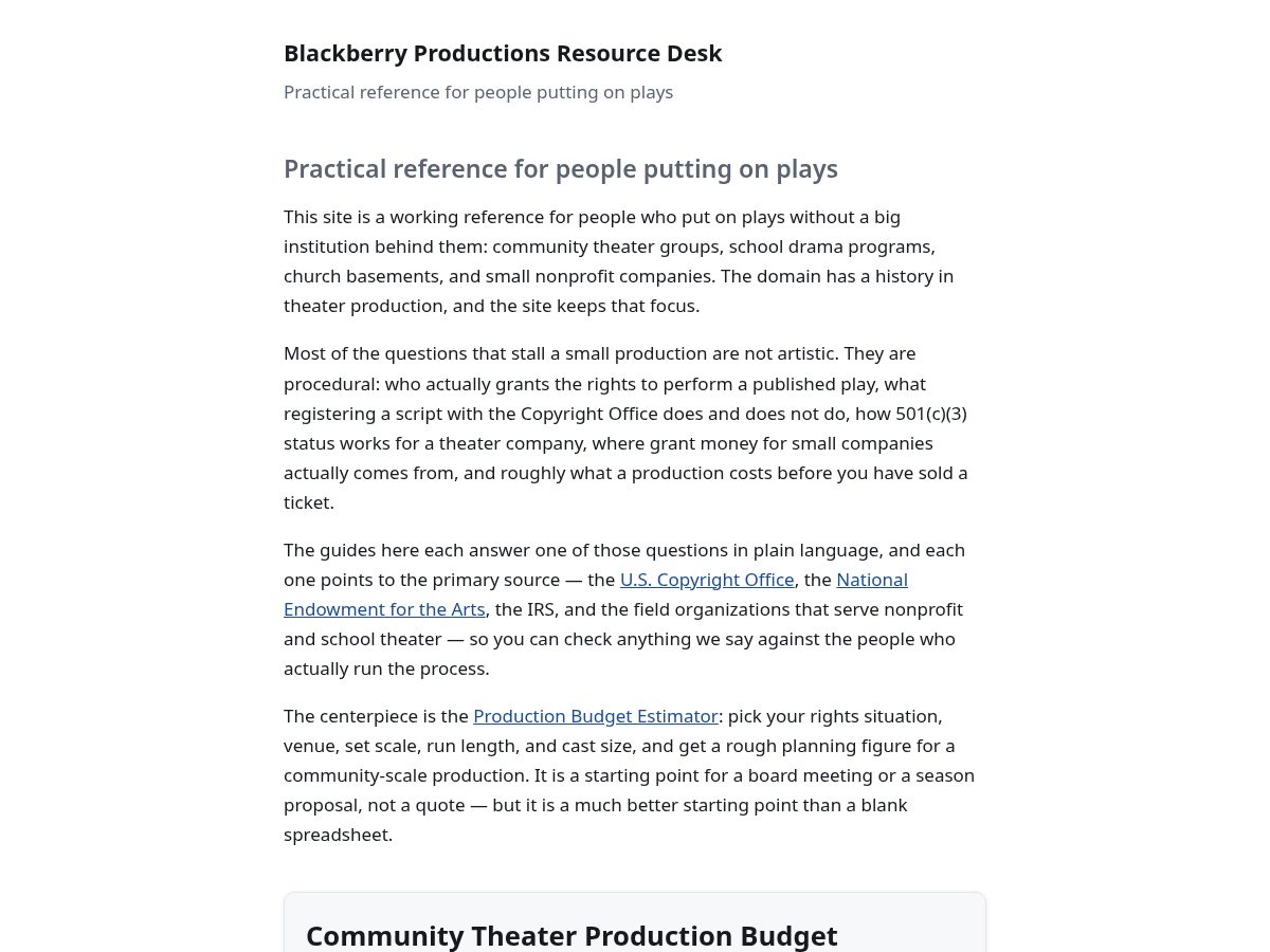Landing-page snapshot of blackberryproductions.org