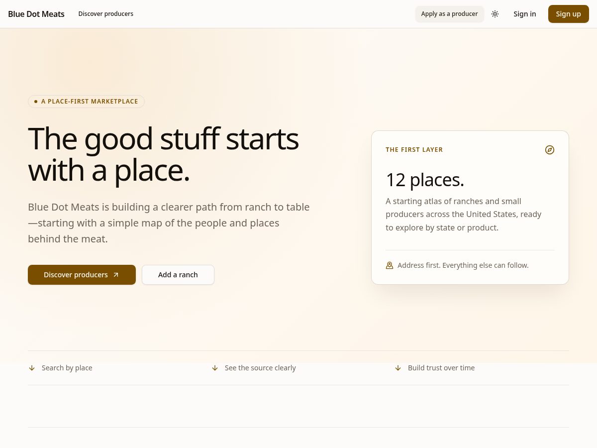 Landing-page snapshot of bluedotmeats.com