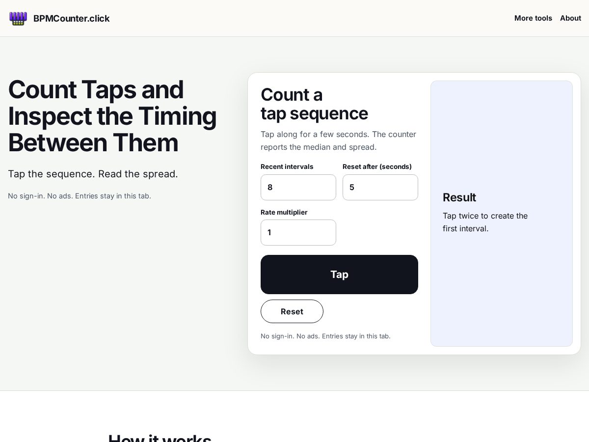 Landing-page snapshot of bpmcounter.click