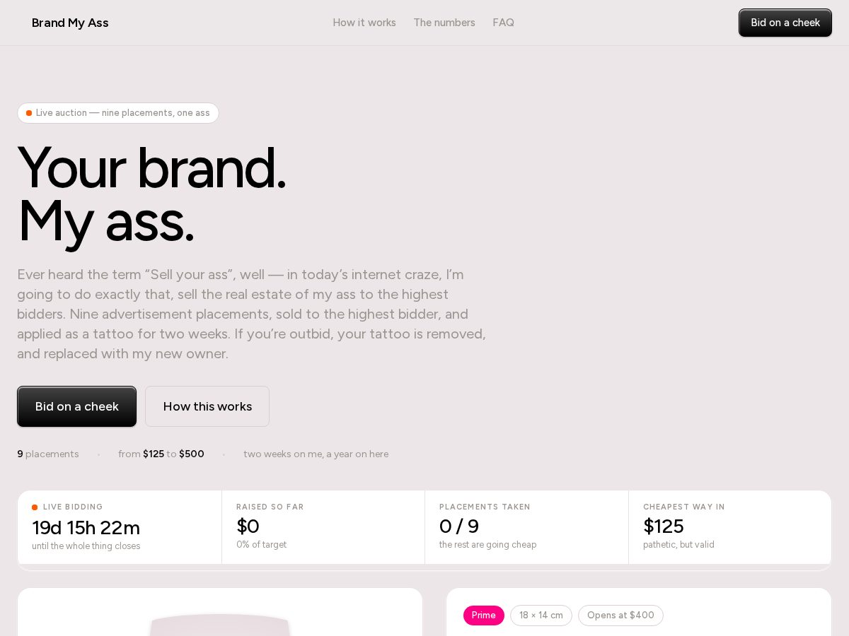 Landing-page snapshot of brandmyass.site