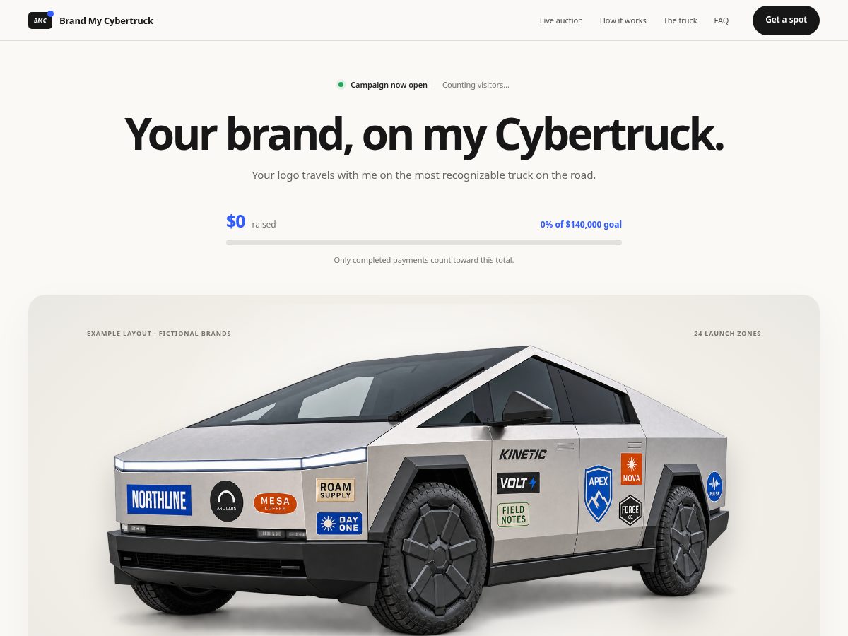 Landing-page snapshot of brandmycybertruck.site