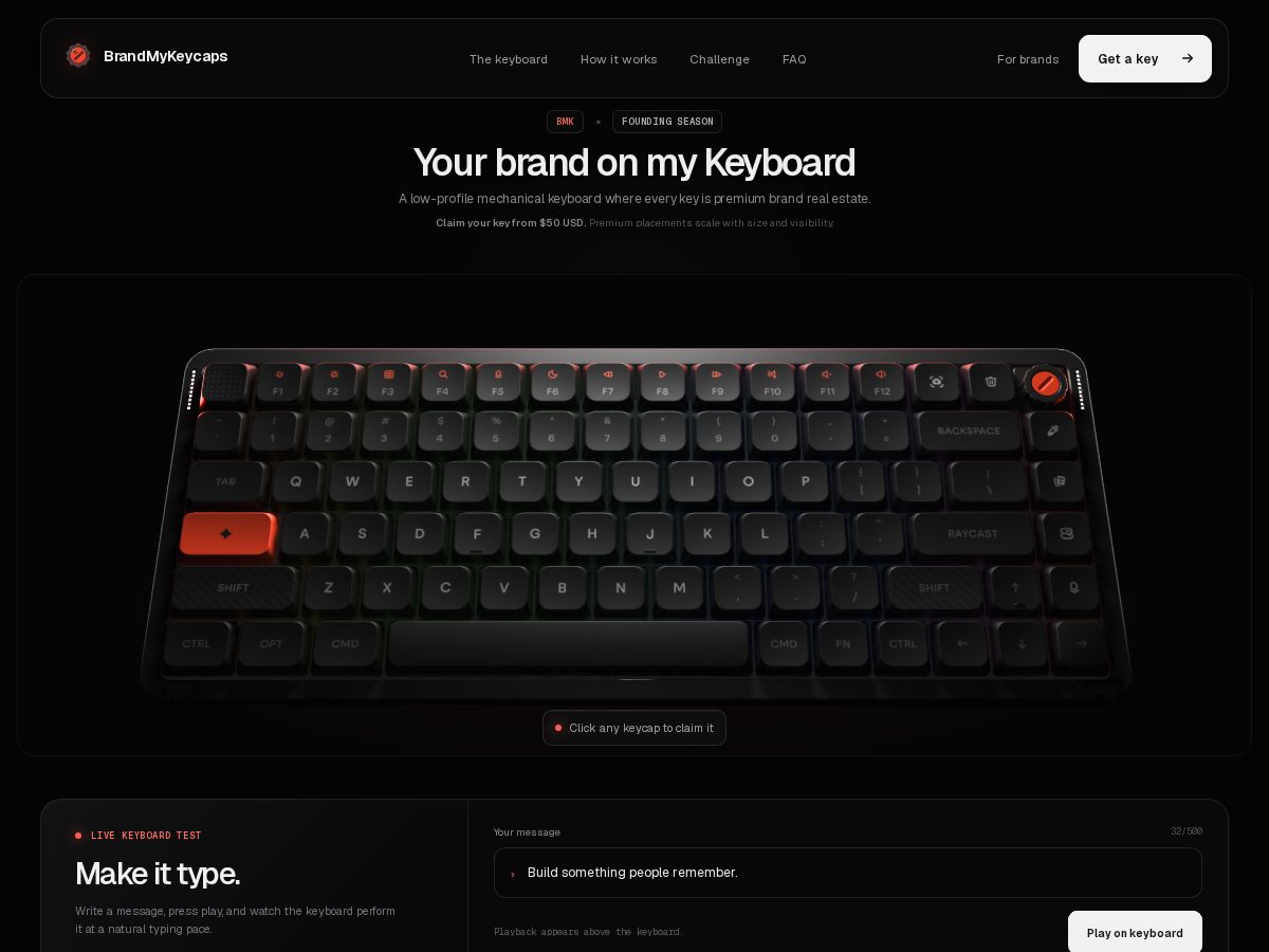 Landing-page snapshot of brandmykeycaps.com