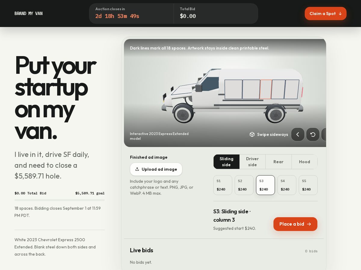 Landing-page snapshot of brandmyvan.life