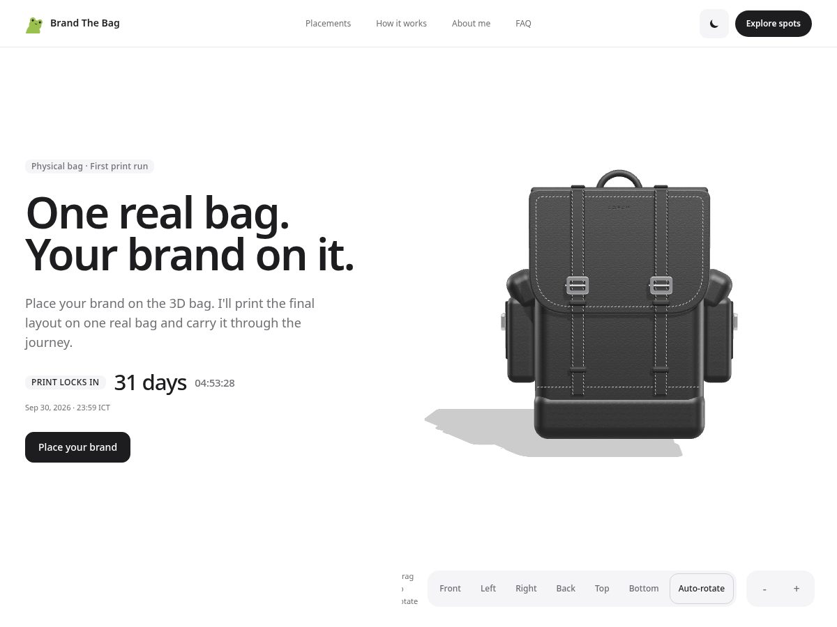 Landing-page snapshot of brandthebag.com