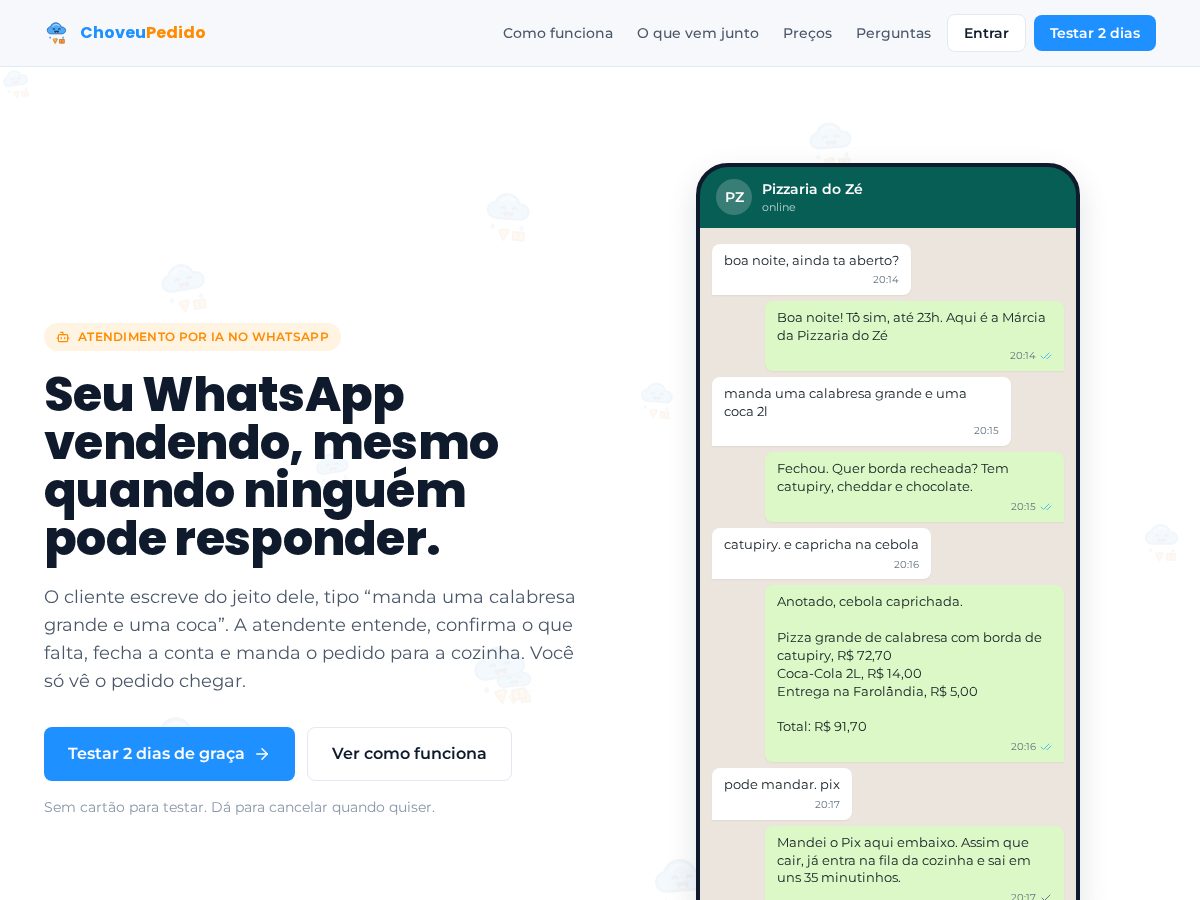 Landing-page snapshot of choveupedido.online
