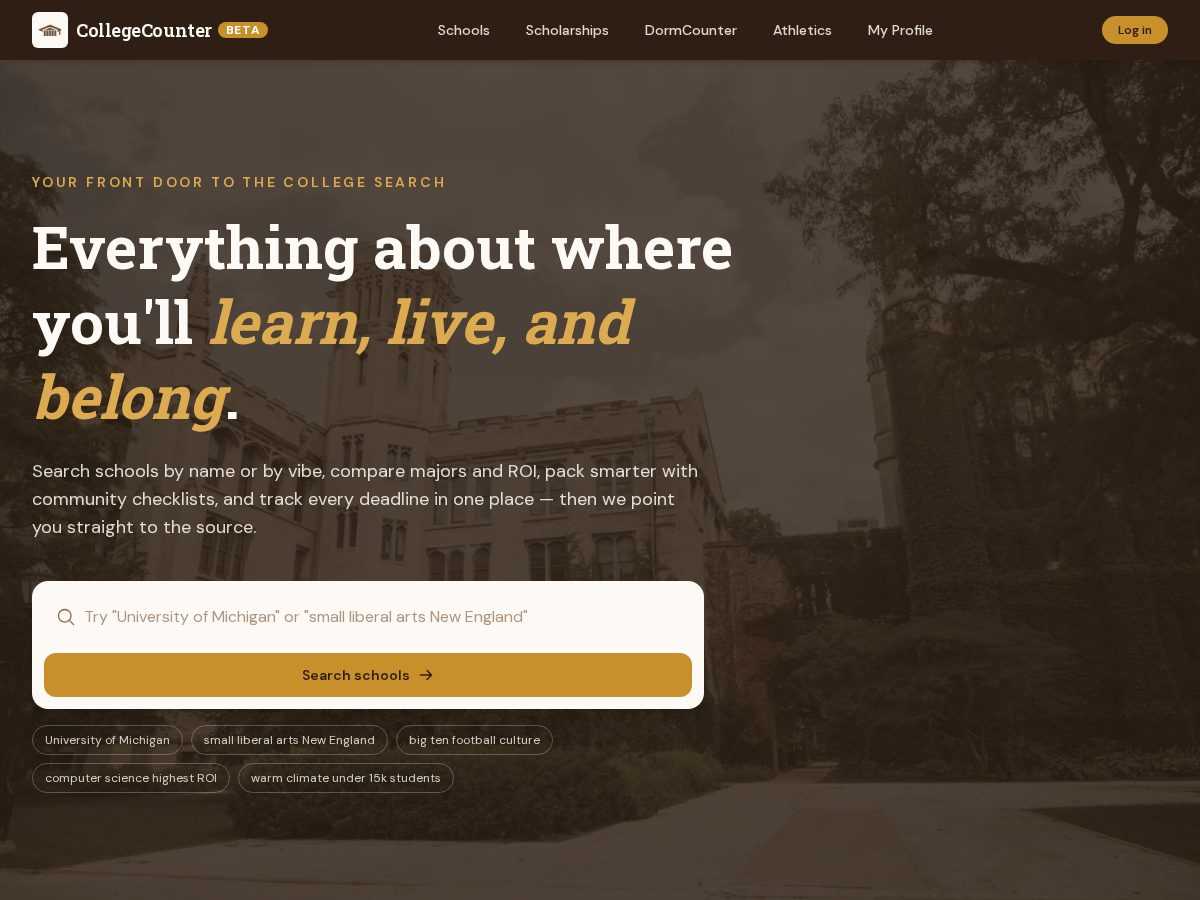 Landing-page snapshot of collegecounter.com