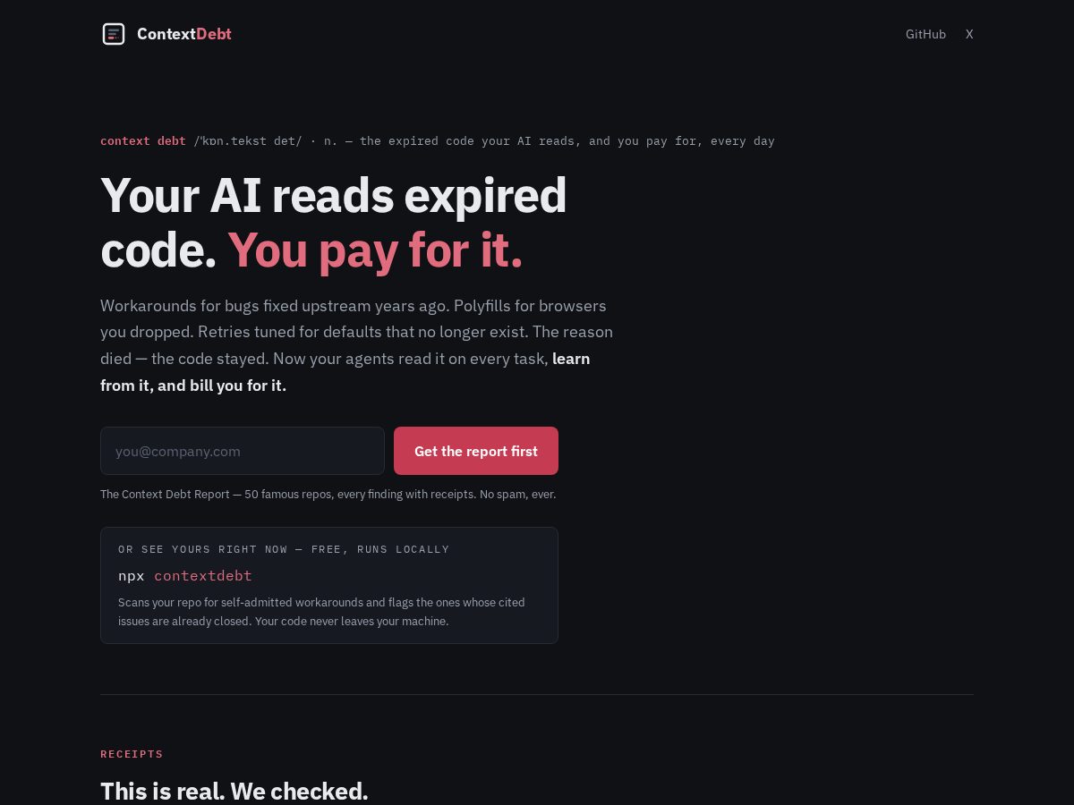 Landing-page snapshot of contextdebt.dev