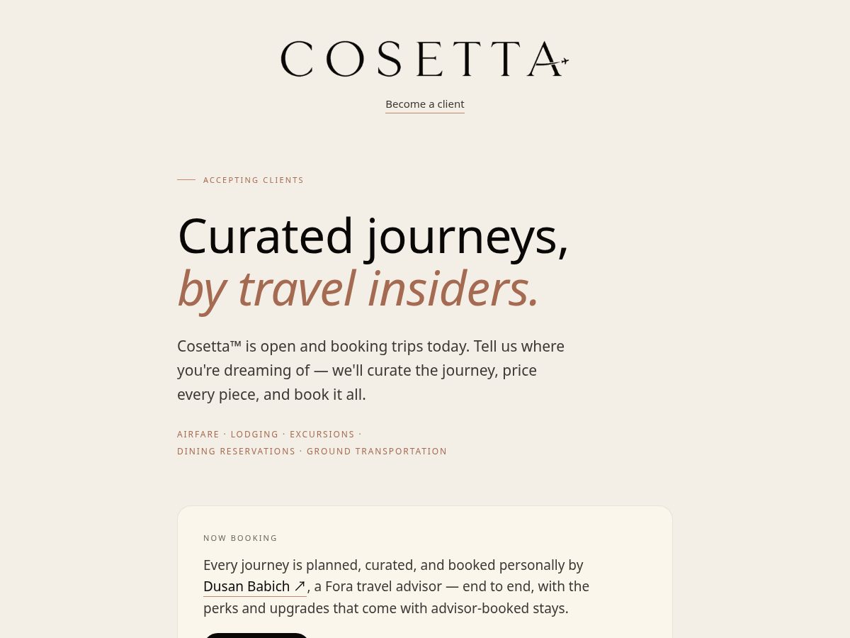 Landing-page snapshot of cosetta.travel
